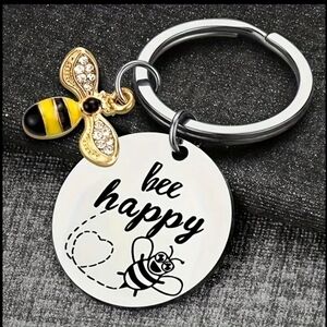 "Be Happy" Inspirational Stainless Steel Keychain W/Faux Diamond Bee.  NWT